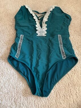 Women’s Teal One-Piece Swimsuit with Lace Trim